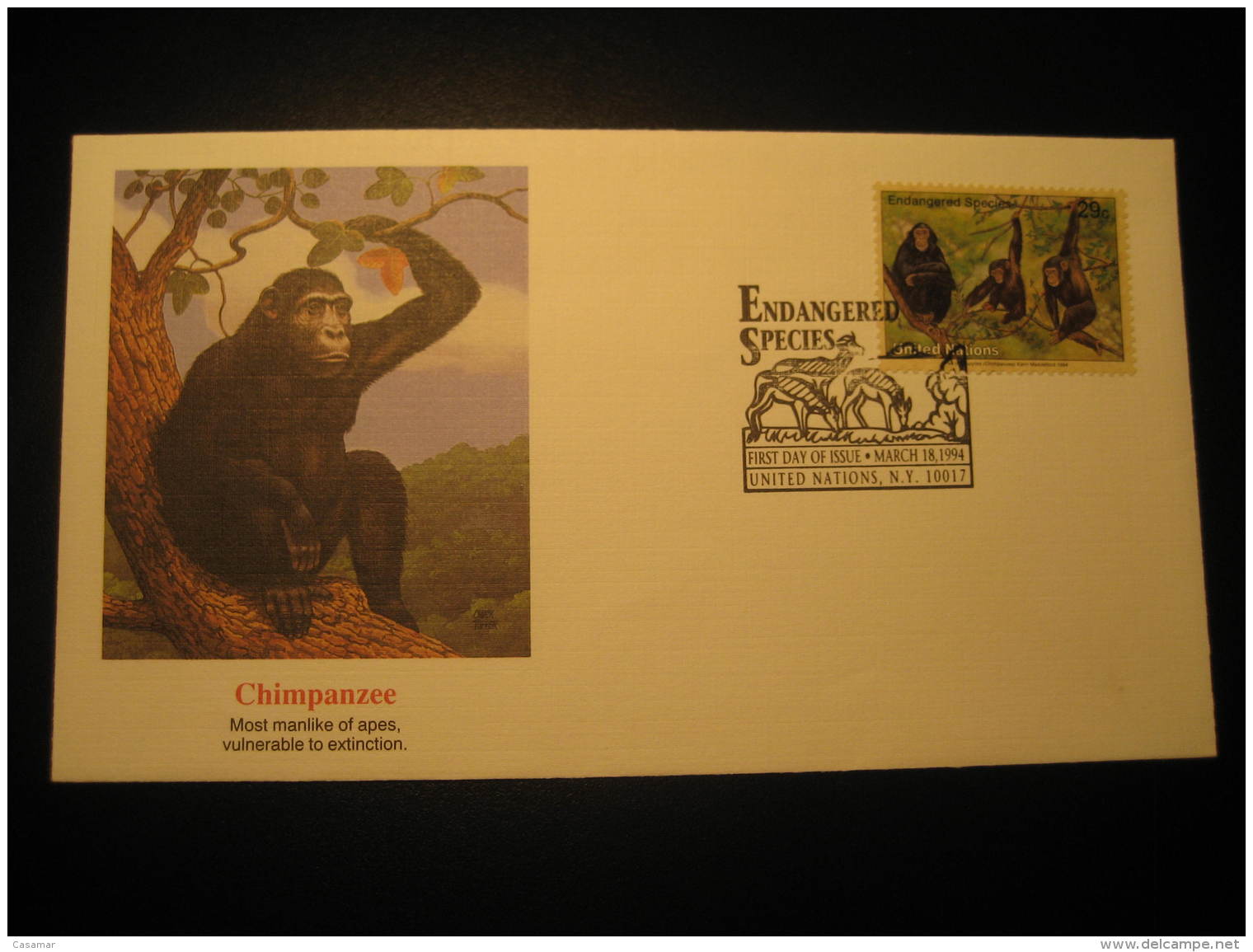 CHIMPANZEE Endangered Species United Nations NY USA FDC Cancel Cover 1994 - Chimpanzees