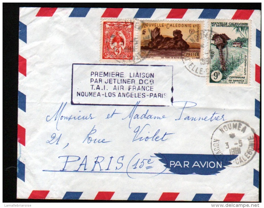 NOUVELLE CALEDONIE LETTRE DE NOUMEA 1961 1ère LIAISON JETLINER DC8 AIR FRANCE NOUMEA LOS ANGELES PARIS - Lettres & Documents