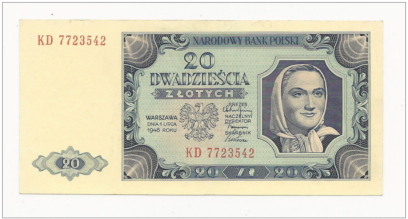 Poland 20 Zlotych 1948 In (XF+) CRISP Banknote P-137 Seria KD - Poland