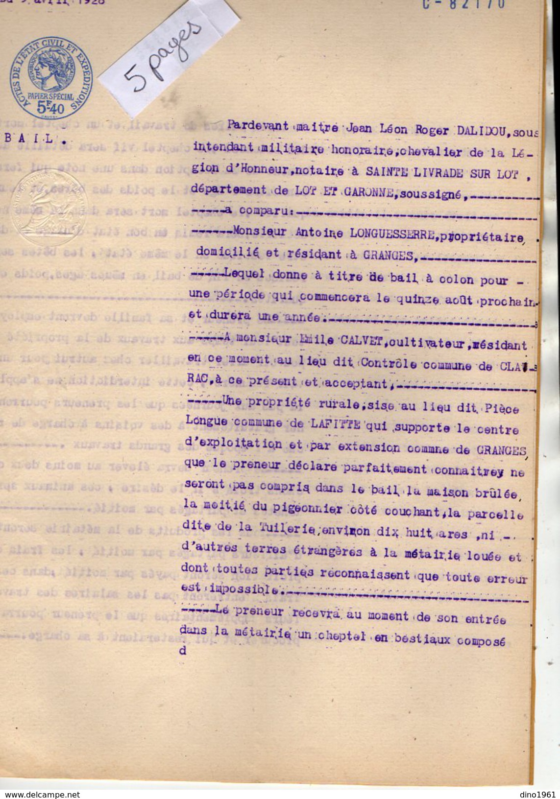 VP6131 - SAINTE LIVRADE - Acte De 1928 - Bail à Colon Par A.LONGUESSERRE à GRANGES à E.CALVET à CLARAC & LAFITTE - Collections