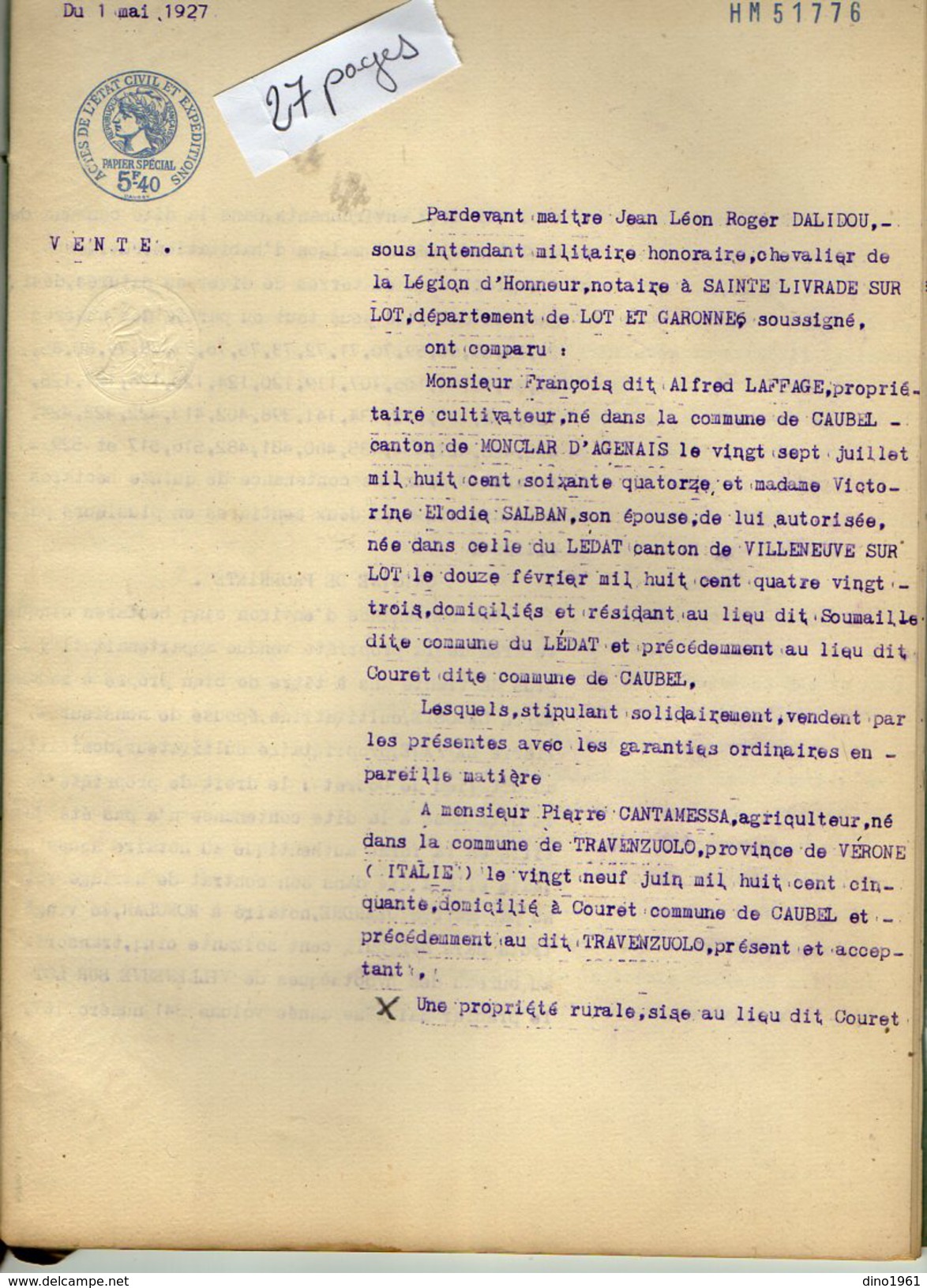 VP6134 - SAINTE LIVRADE - Acte De 1928 - Entre LAFFAGE à LEDAT & P.CANTAMESSA Vente D'une Propriété Rurale Sise à CAUBEL - Collections