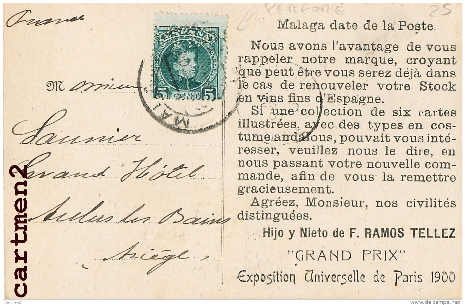 TIMBRE PERFORE SELLO DENTADO HIJO Y NIETO DE RAMOS TELLEZ GRAND PRIX PARIS MALAGA VIN PUBLICITE ESPANA PUBLICITE - Used Stamps