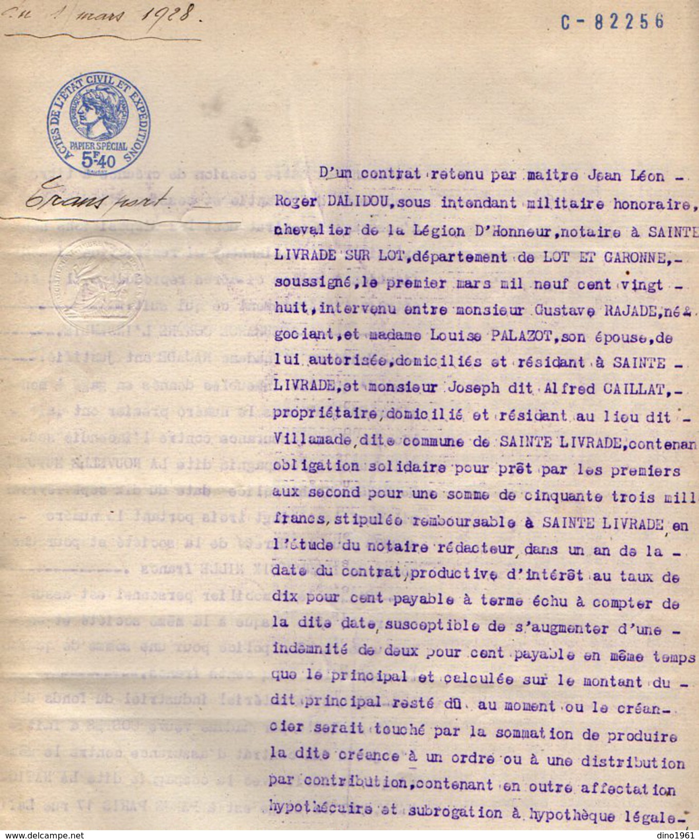 VP6136 - SAINTE LIVRADE - Acte de 1928 - Obligation par RAJADE à A.CAILLAT