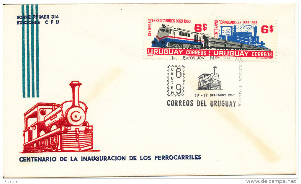 Uruguay Cover FDC? First National Topic Stamp Exhibition 19-27/9-1969 Complete Set Locomotive 1969 With Cachet - Trains