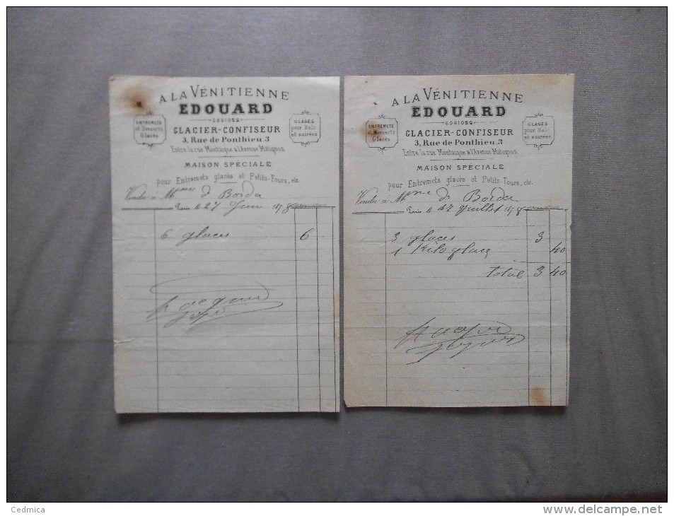 PARIS EDOUARD GOGIOSO GLACIER CONFISEUR A LA VENITIENNE 3 RUE DE PONTHIEU FACTURES DES 27/6 ET 17/7/1878 - 1800 – 1899