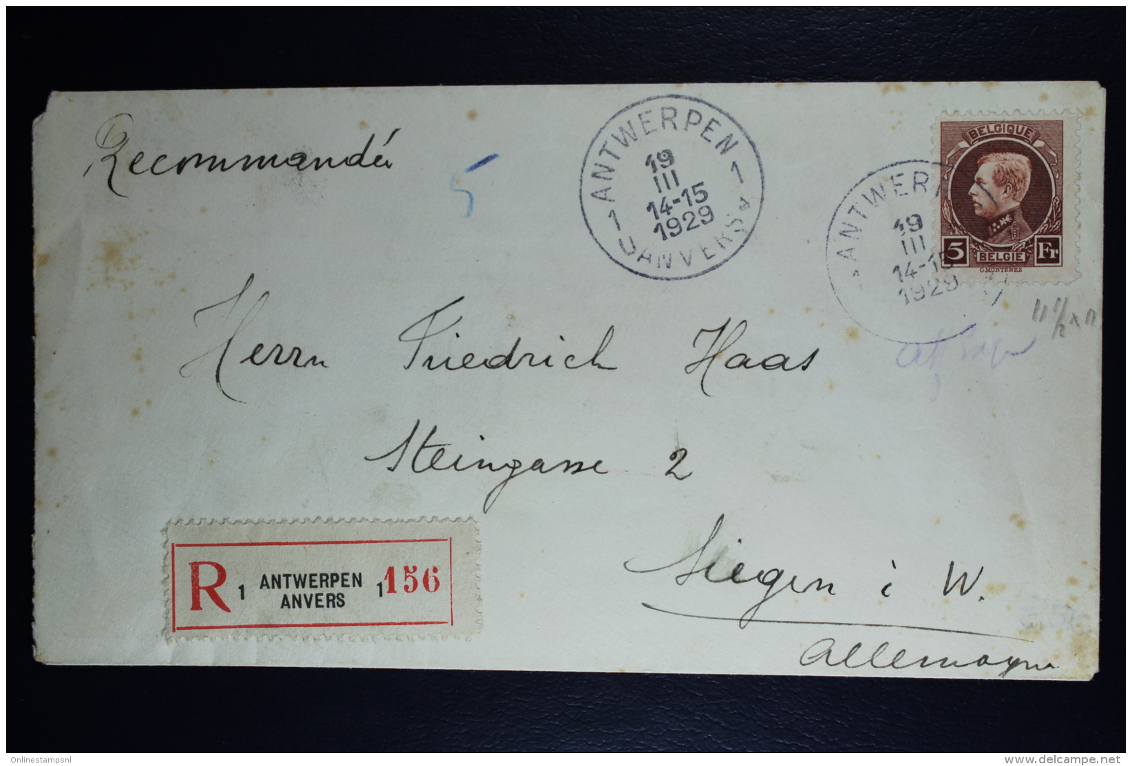 Belgium: Registered Cover Antwerp To Siegen Germany   OPB  218  1929 - Briefe U. Dokumente