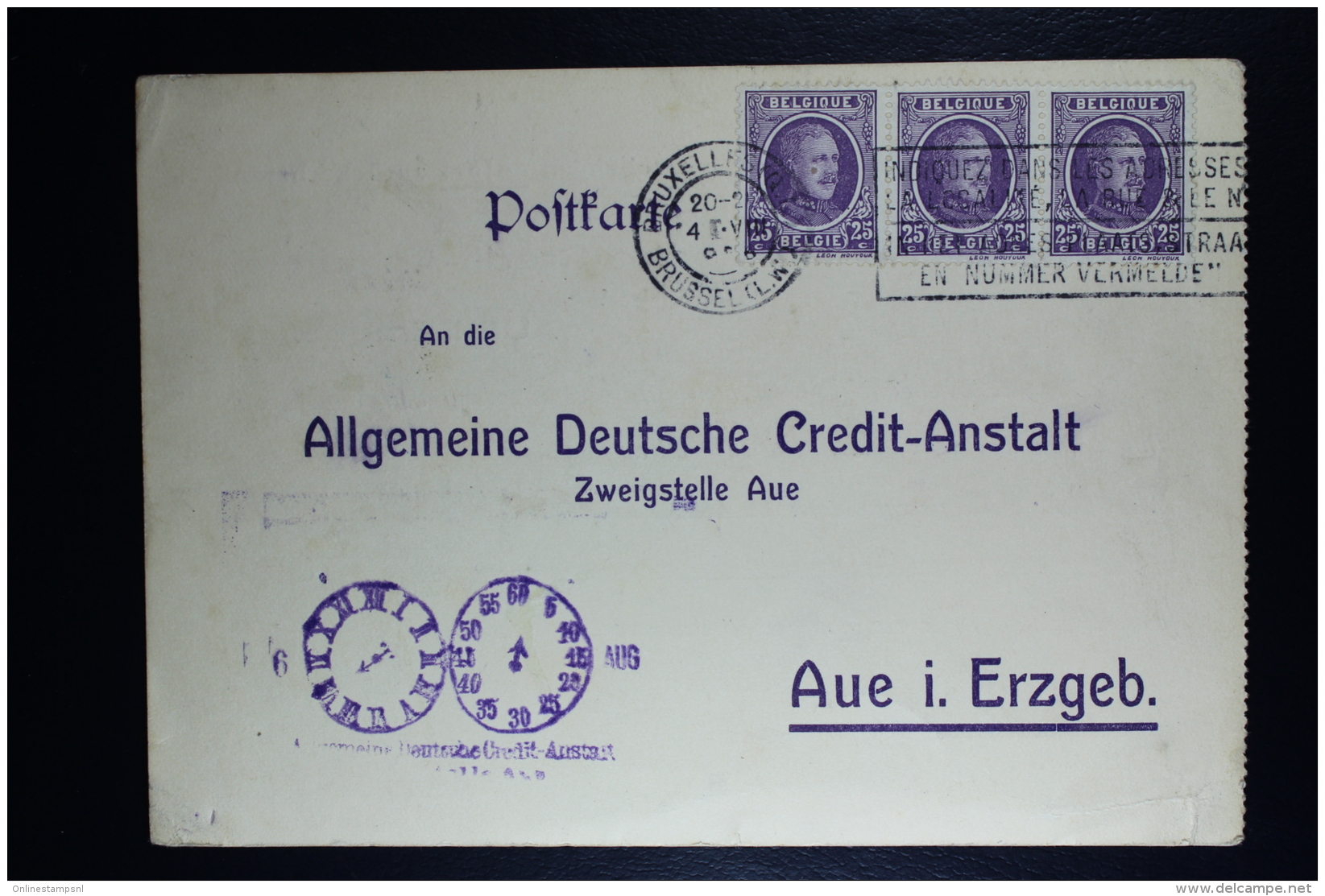 Belgium Card  Brussels To Aue In Erzgeb.  OPB 197 In Strip Of 3 + Fiscal Stamp Clock Cancel - Brieven En Documenten