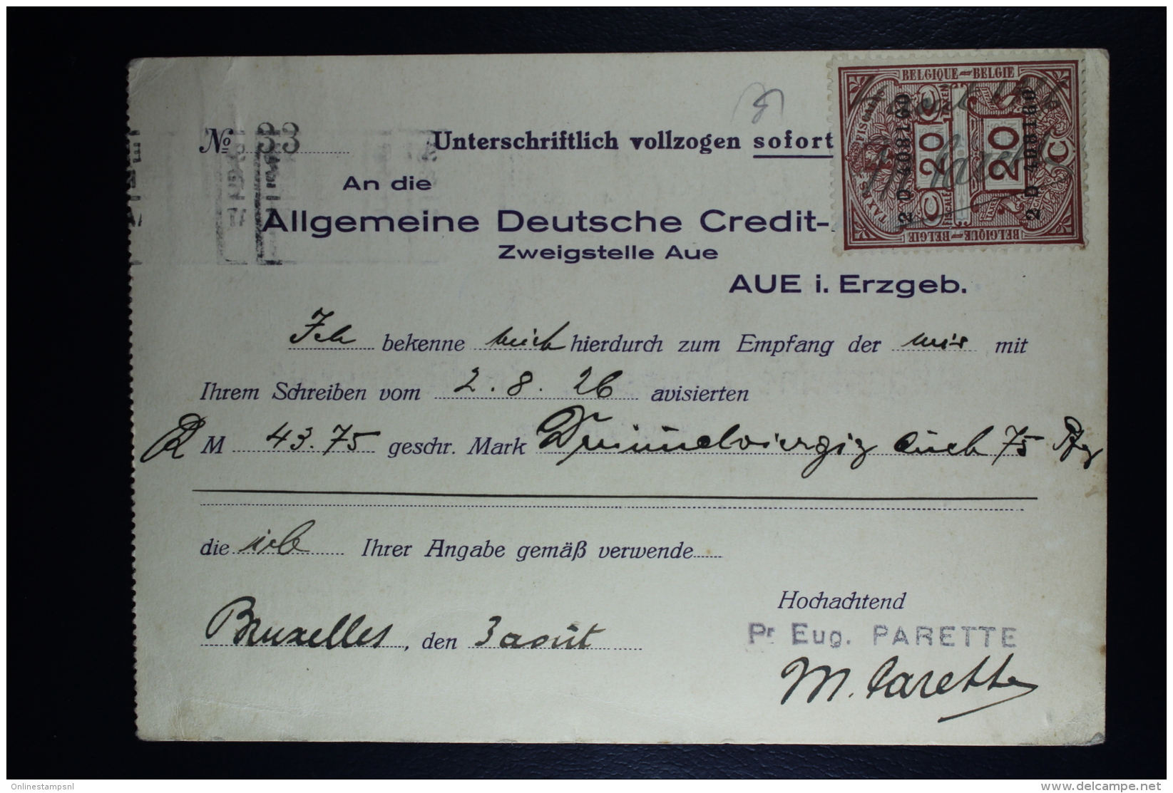 Belgium Card  Brussels To Aue In Erzgeb.  OPB 197 In Strip Of 3 + Fiscal Stamp Clock Cancel - Brieven En Documenten