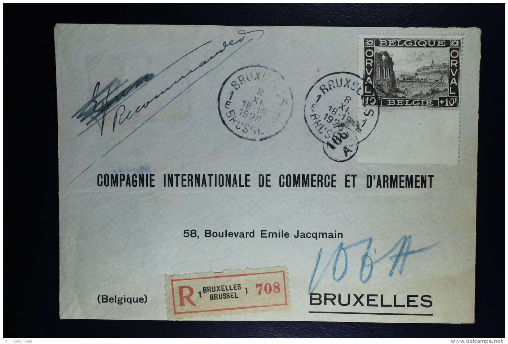 Belgium  Front Of Registered Cover Brussels Local  1928, OPB 266 First Orval  10 Francs With Sheetmargin. - Lettres & Documents