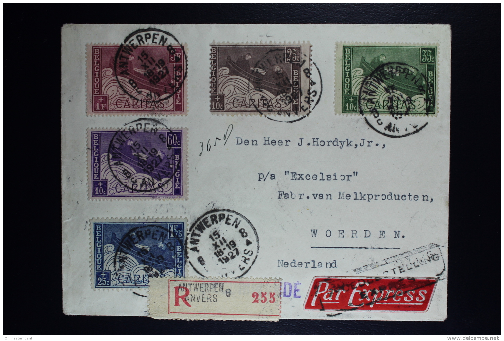 Belgium Registered Express Cover Antwerp To Woerden Holland 1927, OPB 249 - 253 Set Caritas - Brieven En Documenten