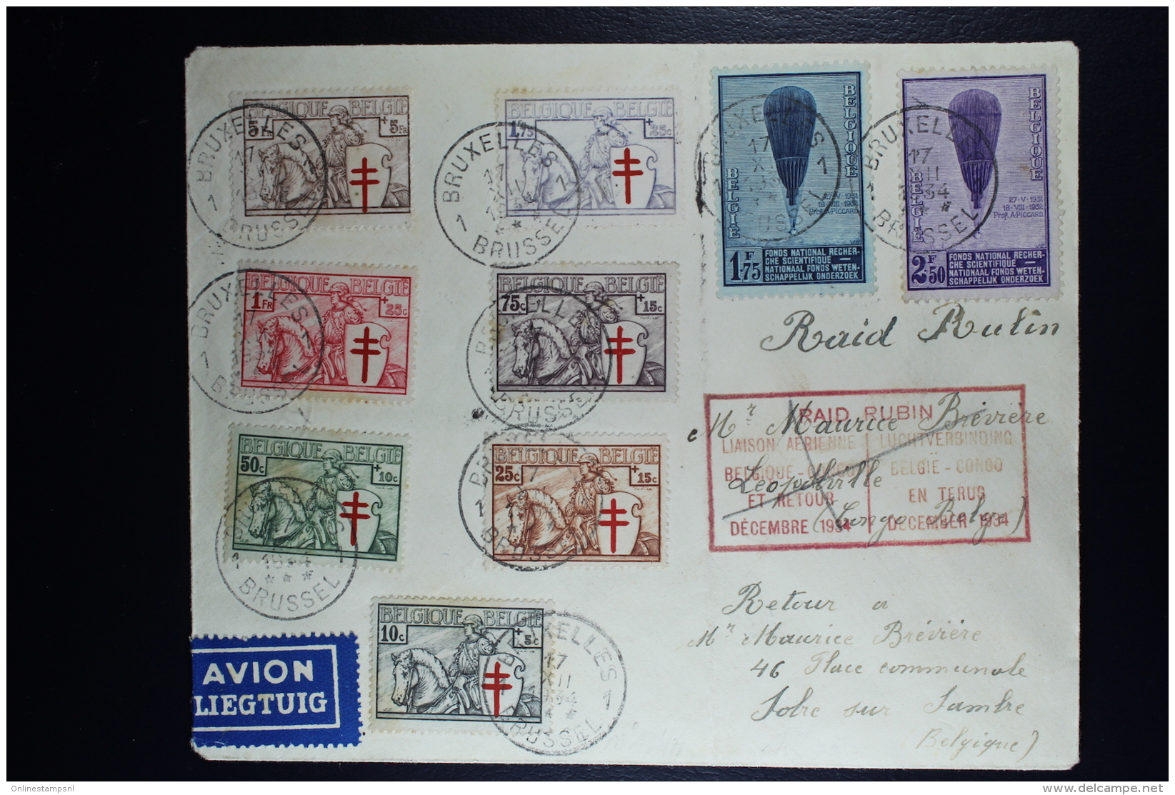 Belgium Return Cover  Brussels Leopldville Congo Raid Rubin 1934 OPB 394 - 400 + 354 + 355  Mi 386 - 392 - Altri & Non Classificati