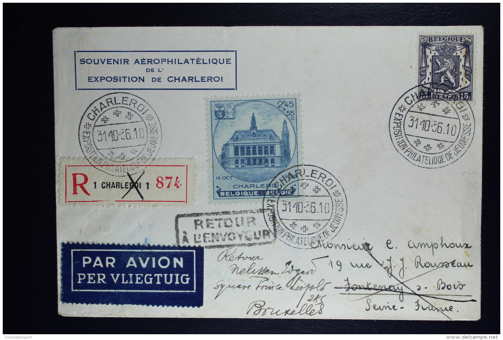 Belgium Return Cover  Aero Exposition Charleroi  Brussels Vv 1936  OPB 437 - Altri & Non Classificati