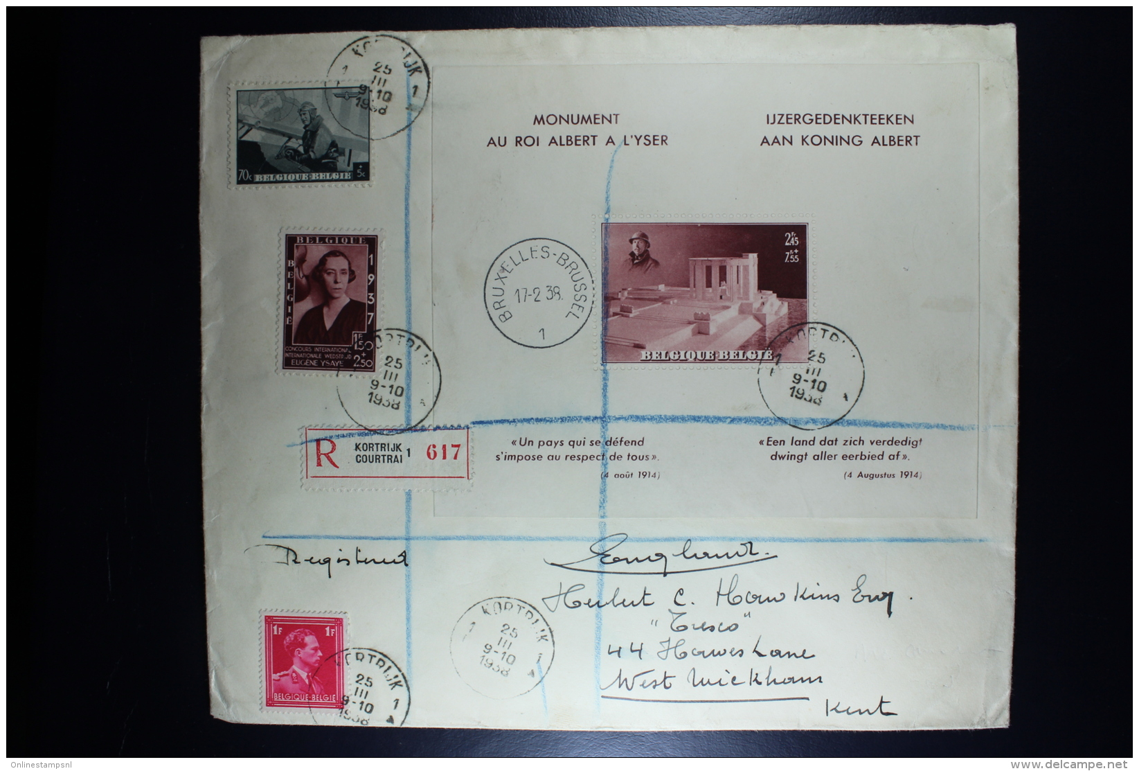 Belgium Registered Cover Kortrijk  Brussels  To West Wickham 1939  OPB Block 8 + 457a + 468 + 528 - Storia Postale