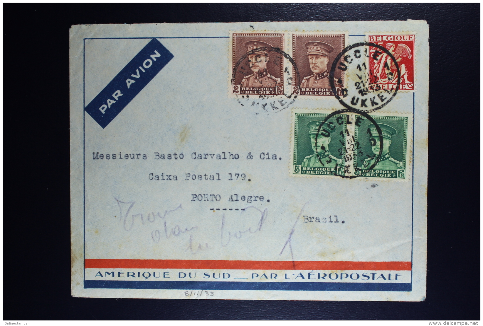 Belgium Airmail Cover Uccle To Porto Alegre Brasil 1933  OPB 339 + 321 + 323  2 Pairs - Autres & Non Classés