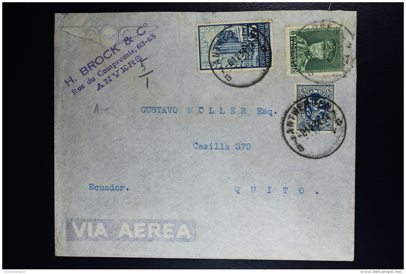 Belgium Airmail Cover Antwerp To Quito Equador 1934 OPB 323 + 285 + 389 - Sonstige & Ohne Zuordnung