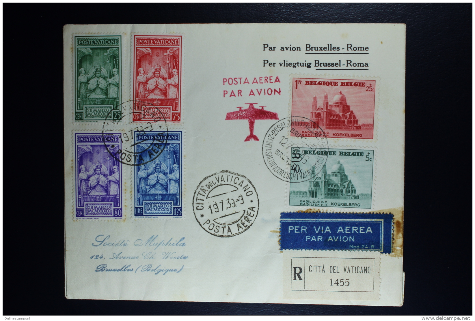 Belgium Airmail Return Cover 1939  Brussels Roma Vaticano Brussels. 1932 OPB 474 + 481 ++ - Autres & Non Classés