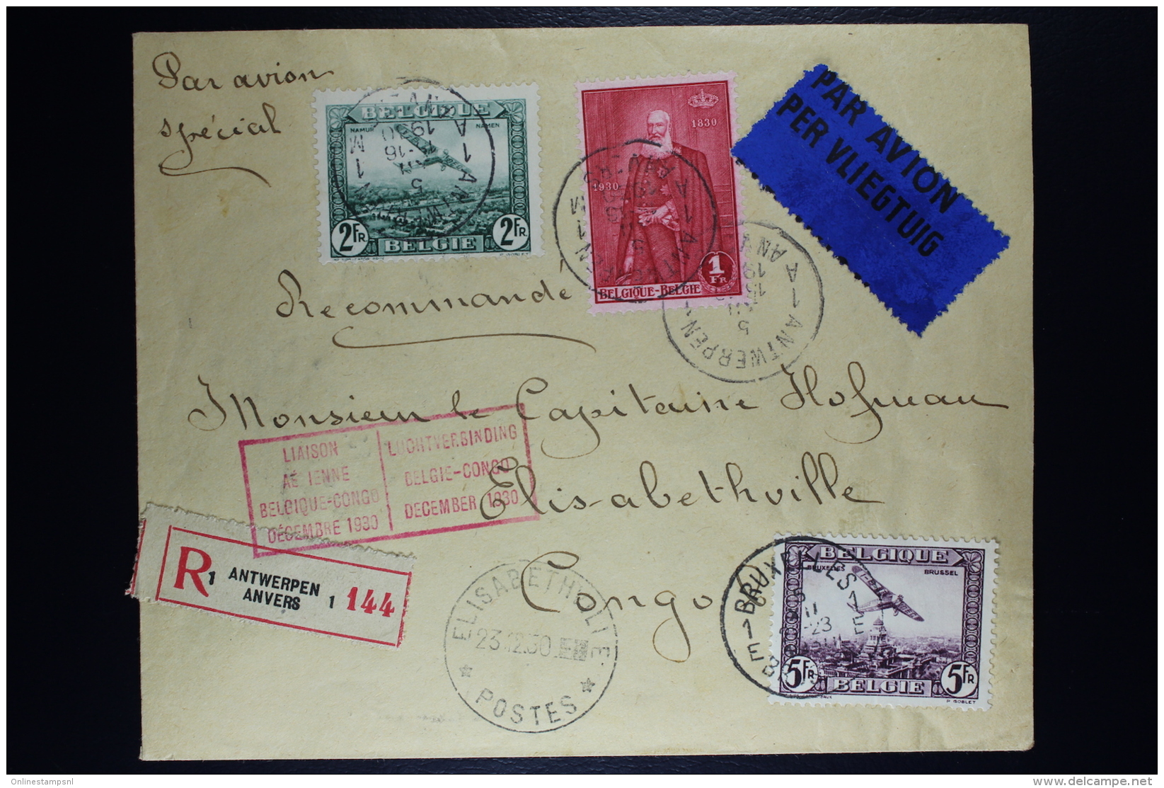 Belgium Registered Cover Antwerp To Elisabethville Belgium - Congo In Red 1930 OPB 303 + PA2 + PA 5 - Altri & Non Classificati