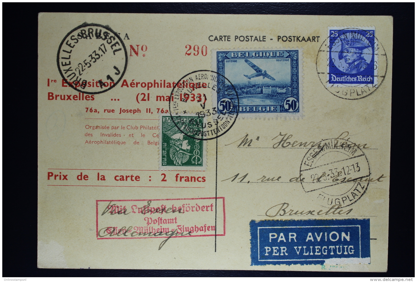 Belgium  First Airmail Exhibition Brussels 1933 Card Brussels Essen VV  Numbered - Andere & Zonder Classificatie