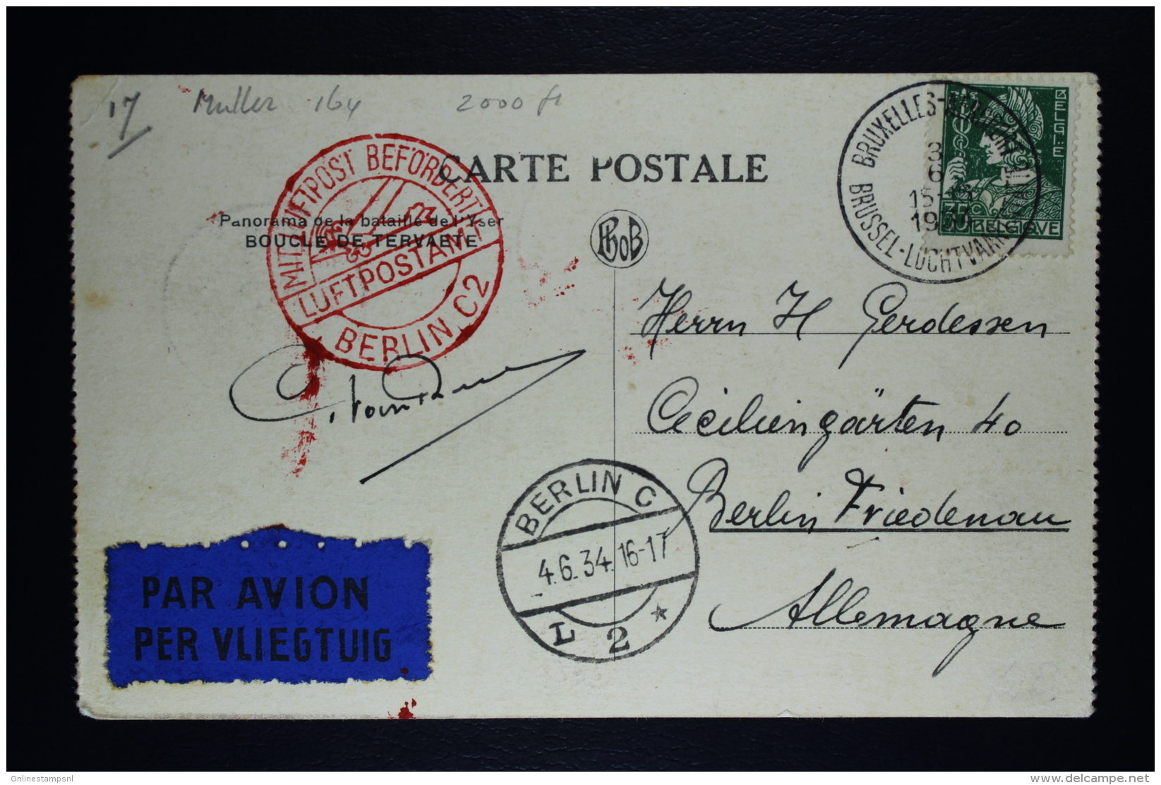 Belgium Card Muller 164 Brussels To Berlin, 1934  OPB AE1 - Altri & Non Classificati