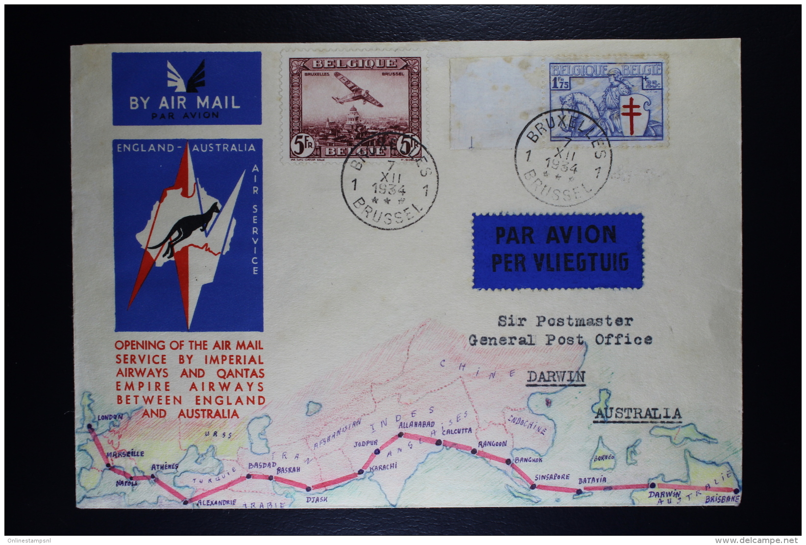 Belgium Airmail Cover Brussels To London To Darwin  Special Cover Opening London Brisbane 1934 OPB 399 + PA4 - Altri & Non Classificati
