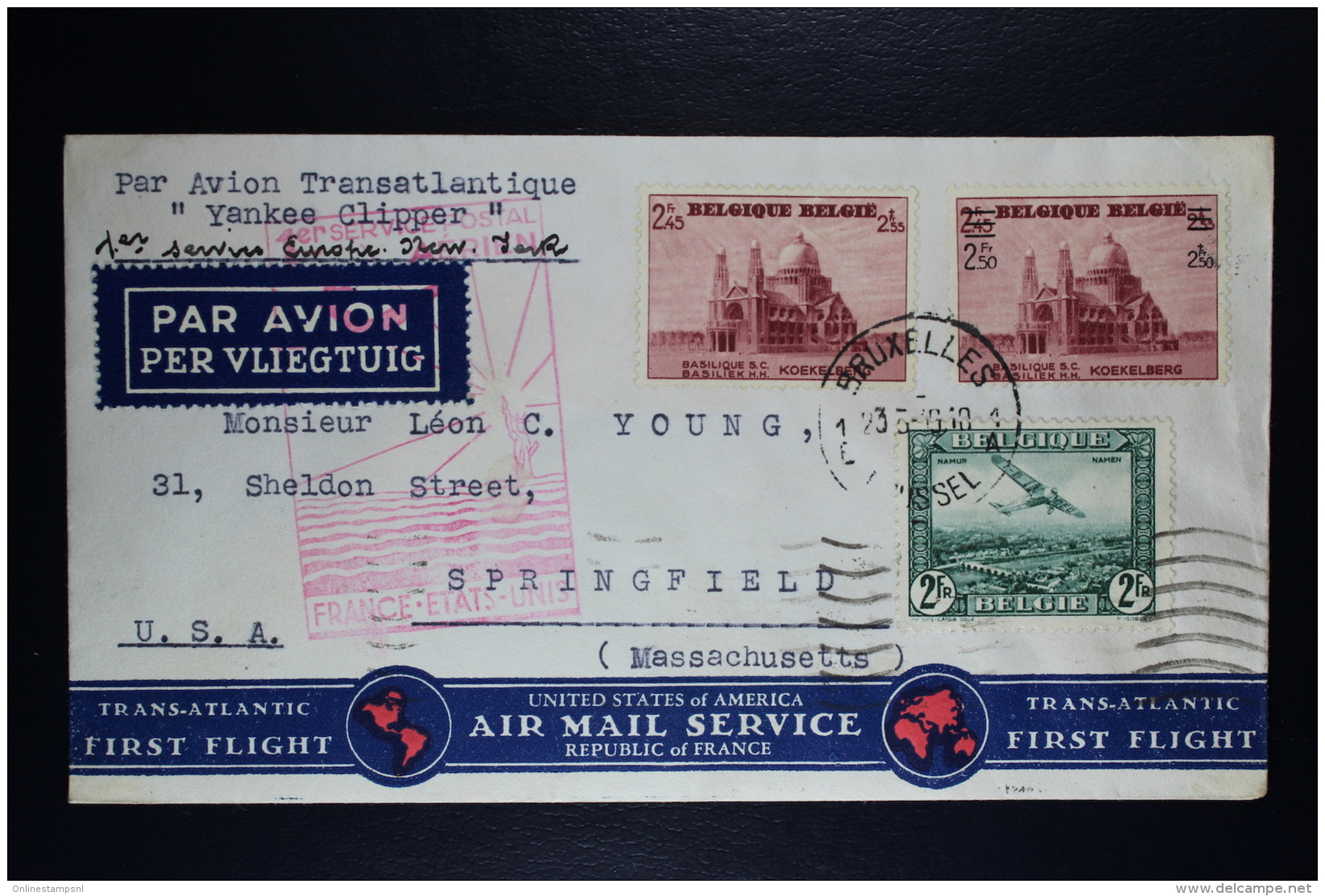 Belgium Airmail Cover Brussels To Springfield USA First Postal Service France USA 1939 OPB PA4 + 476 + 483 Yankee CLipp - Andere & Zonder Classificatie