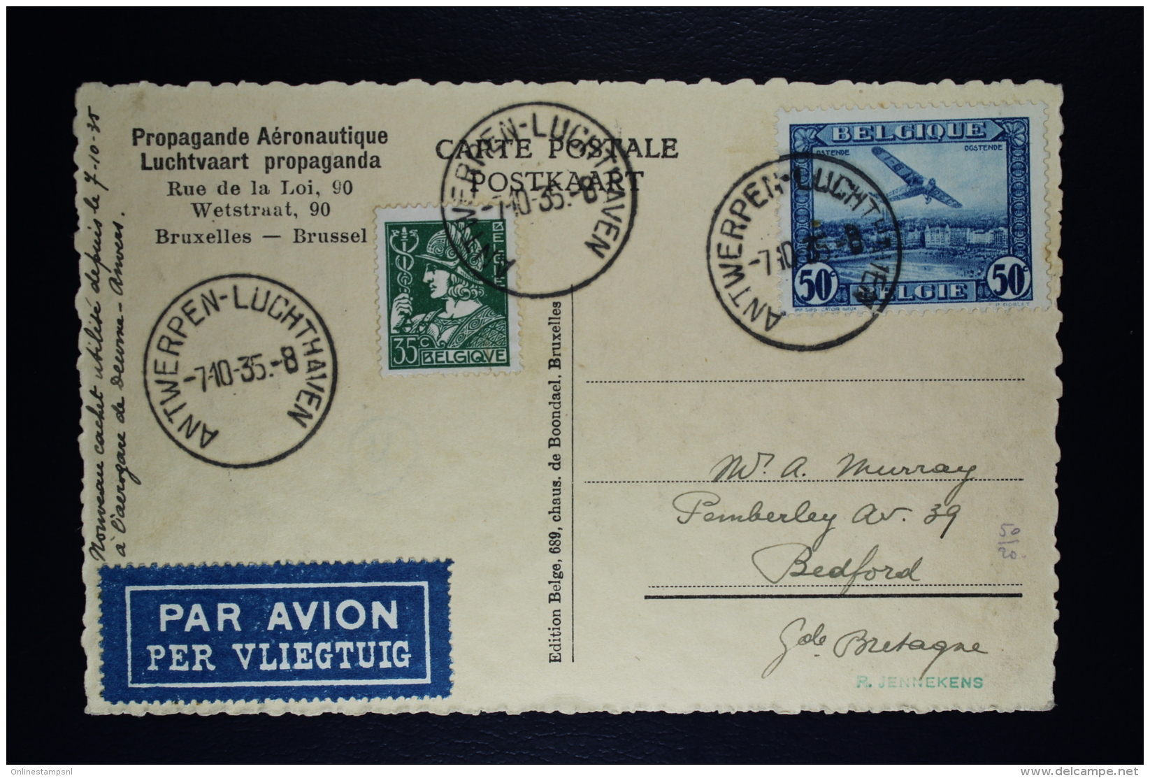 Belgium Airmail Card Antwerp Airfield To Bedford UK 1935 OPB  PA1 - Andere & Zonder Classificatie