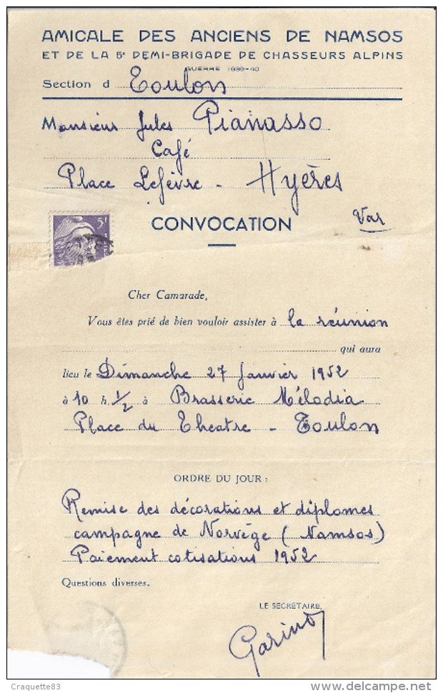 AMICALE DES ANCIENS DE NAMSOS ET DE LA 5è DEMI-BRIGADE DE CHASSEURS ALPINS -TOULON 1952-CONVOCATION - Documents