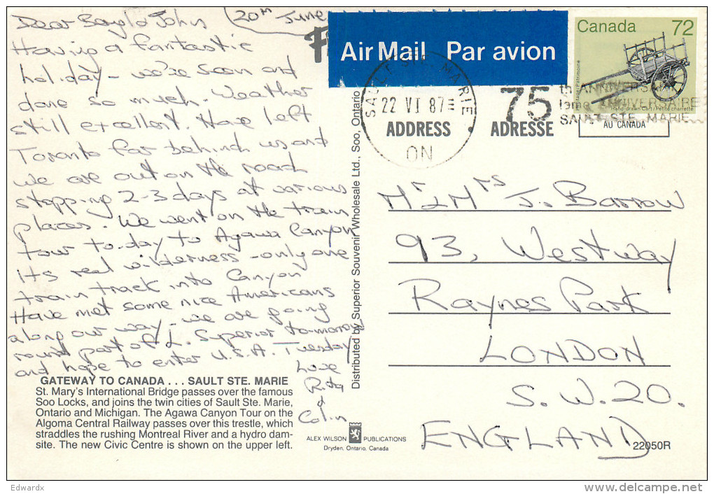 Sault Ste Marie, Ontario, Canada Postcard Posted 1987 Stamp - Other & Unclassified