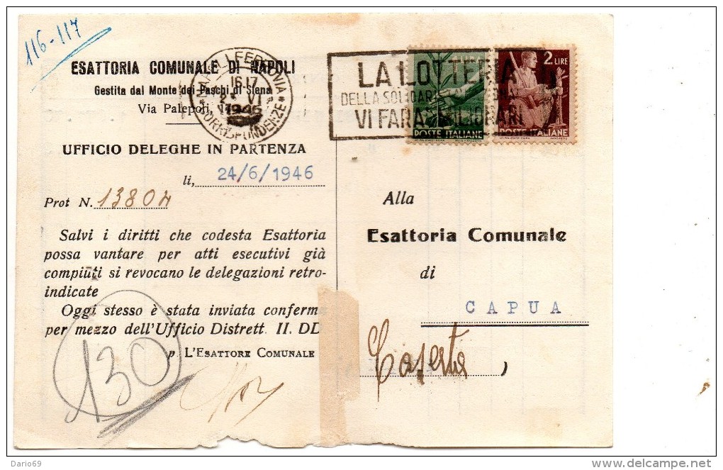 1946 CARTOLINA   CON ANNULLO NAPOLI + TARGHETTA  LOTTERIA DELLA SOLIDARIETÀ - 1946-60: Marcofilie