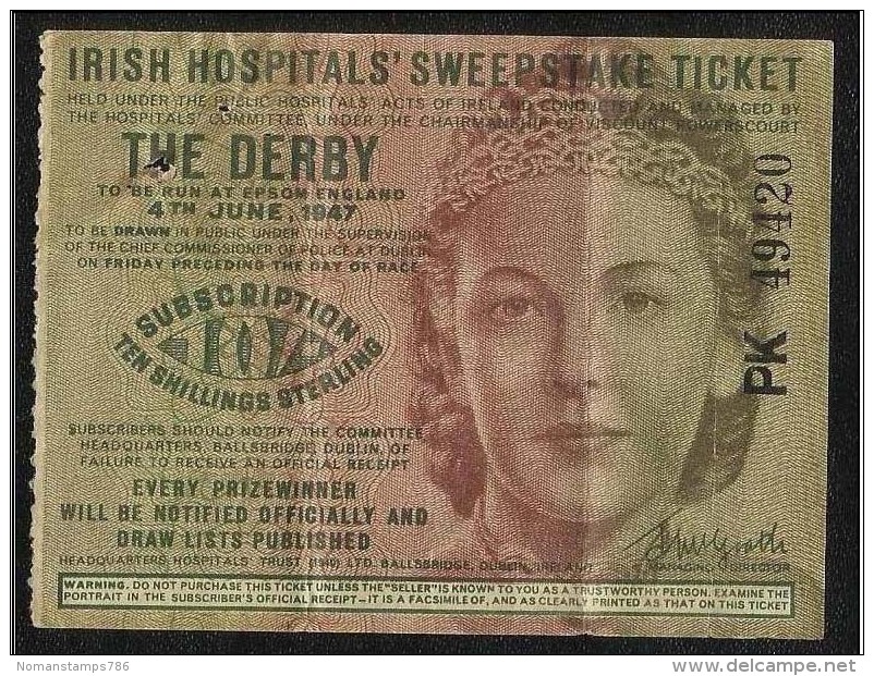 Irish Hospitals Sweepstake Prizes Ticket The Derby 1947 Ten Shillings To Be Run At Epsom England GB Lottery - Lottery Tickets