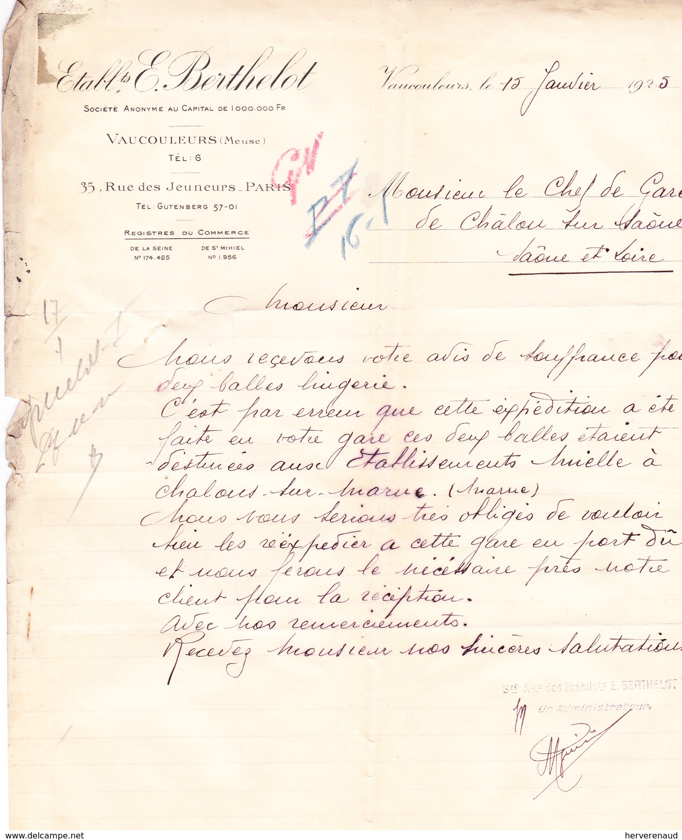 Lettre "Ets Berthelot" à Vaucouleurs (Meuse), Pour Chalon-sur-Saône (1925) - Unclassified