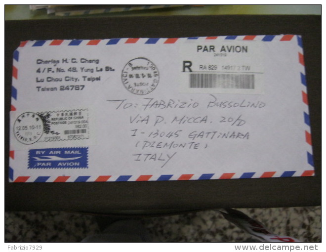 AM5 METER STAMP AFFR. MECCANICA - TAIWAN 2010 TAIPEI REGISTERED LETTER TO ITALY PAR AVION AIR - Covers & Documents