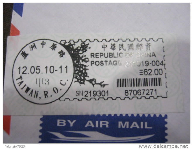 AM5 METER STAMP AFFR. MECCANICA - TAIWAN 2010 TAIPEI REGISTERED LETTER TO ITALY PAR AVION AIR - Lettres & Documents