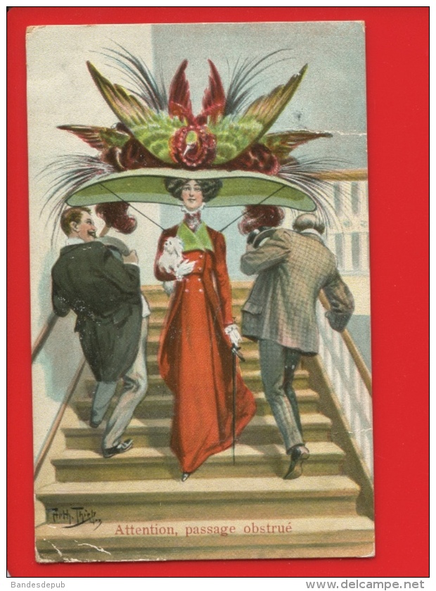 ARTHUR THIELE Illustrateur Jolie Carte Jeune Femme Grand Chapeau Descendant L'escalier Avec Un Chiot Passage Obstrué - Thiele, Arthur