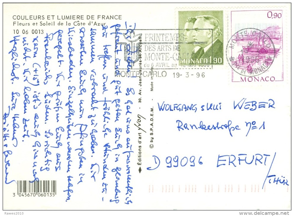 Monaco Monte Carlo MWST 1996 Printemps Des Artes De Monte-Carlo Blume Tulpe 0,90 F. Hafen Schiffe + 1,90 F. Fürst + Kron - Brieven En Documenten