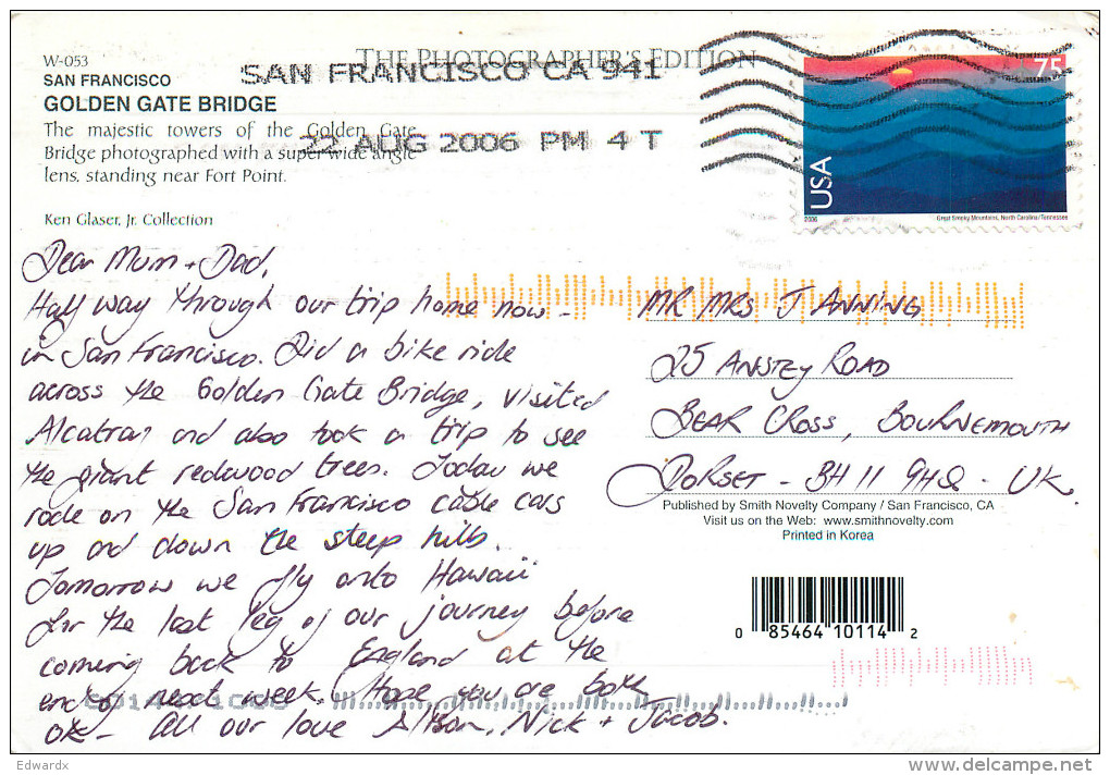 Golden Gate Bridge, San Francisco, California, United States US Postcard Posted 2006 Stamp - San Francisco