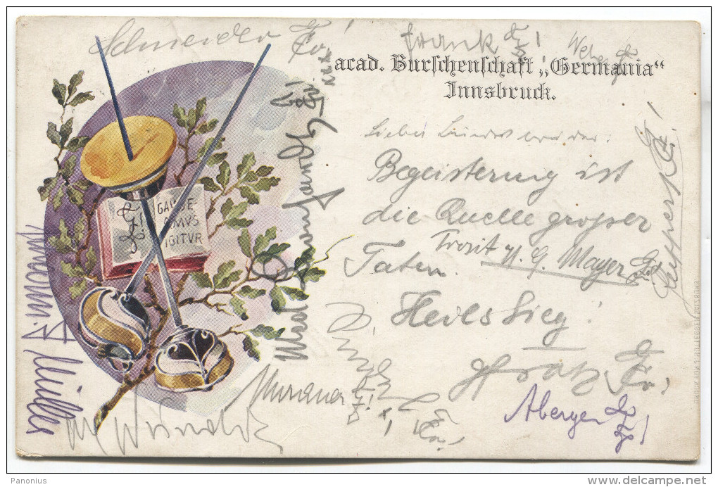 Acad. Burschenschaft GERMANIA Innsbruck, AK STUDENTIKA, Fechten / Fencing, Art PC, 1908. - Schools