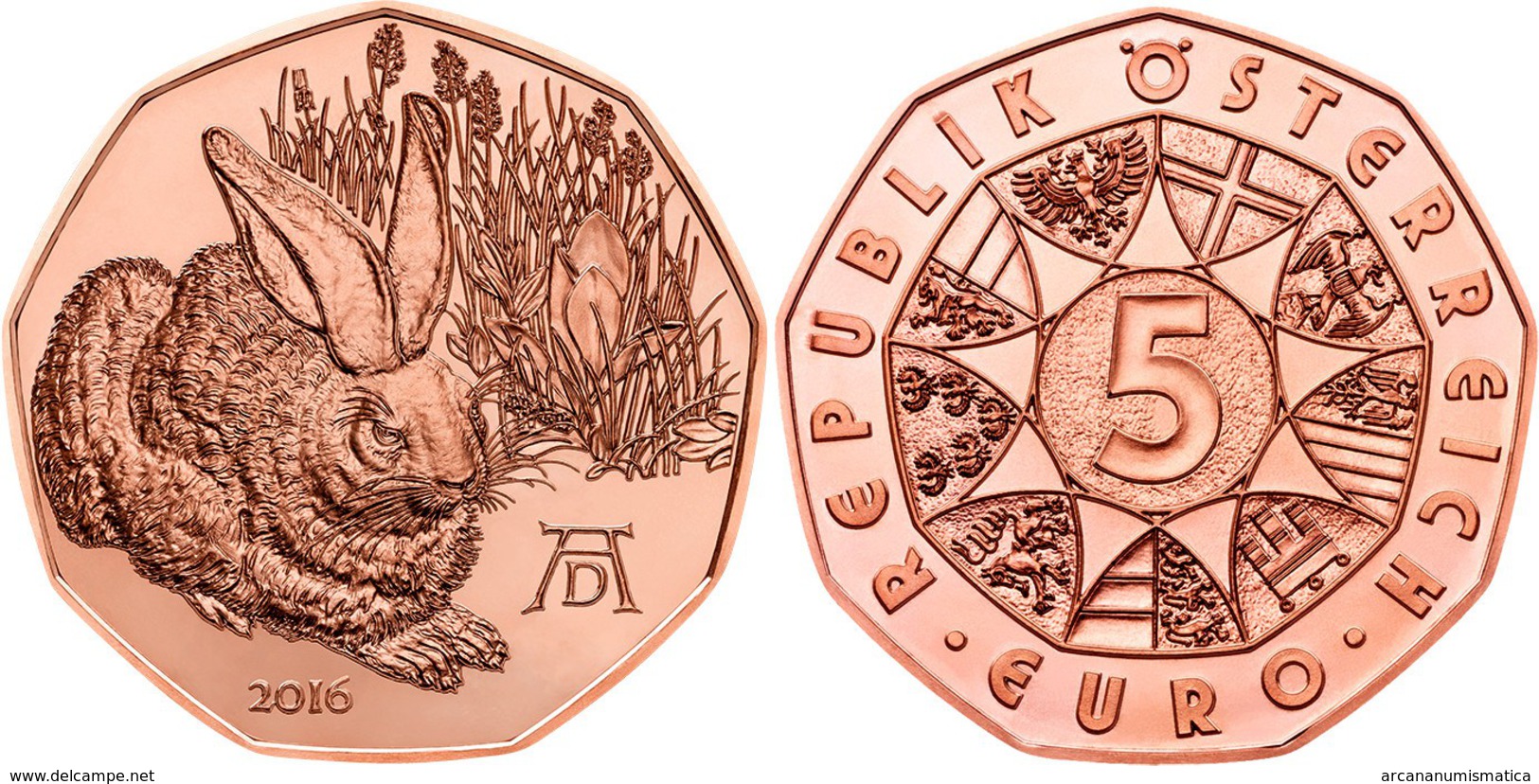 AUSTRIA    5&euro;  2.016  2016  COBRE-COPPER  SC/UNC   "Albrecht Dürer's Young Hareaus"   T-DL-11.903 - Austria