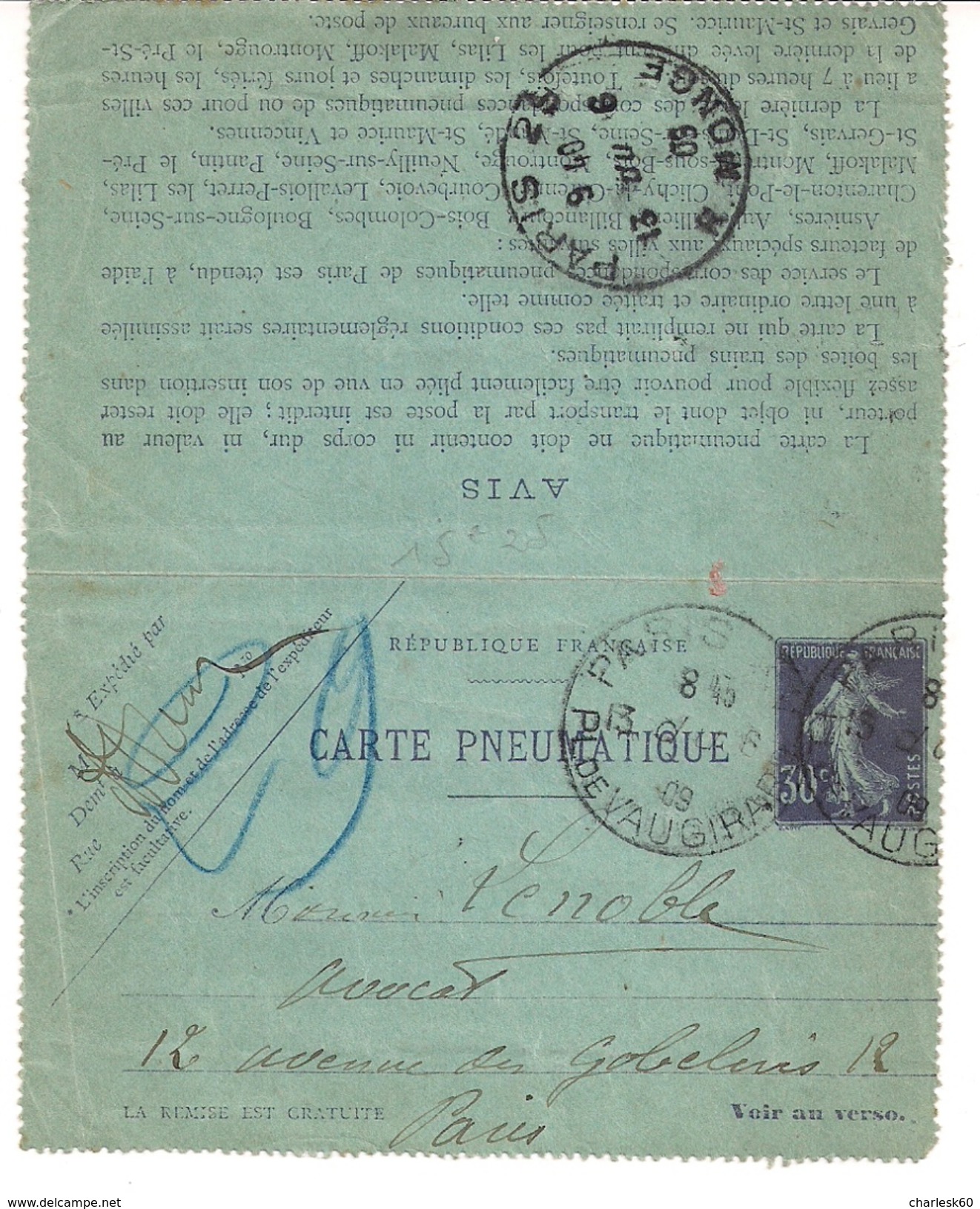 France - Carte Pneumatique - Semeuse - Fond Plein - 30 C Violet - Pneumatiques