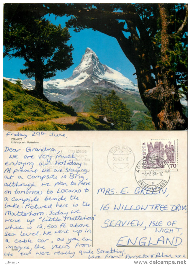 Matterhorn, Zermatt, VS Valais, Switzerland Postcard Posted 1984 Stamp - Zermatt