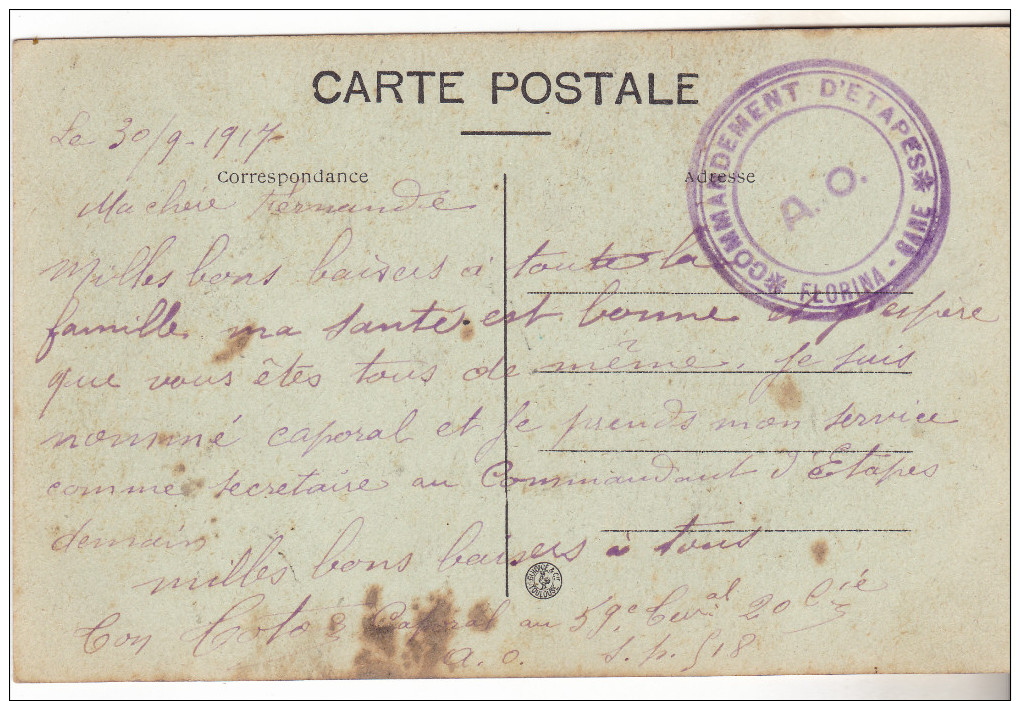 1917.Carte De Salonique Cachet Violet Commandement D'étapes Florina Gare.A O. Peu Courant. Tb état (noté 59ème Tal SP518 - Guerre De 1914-18