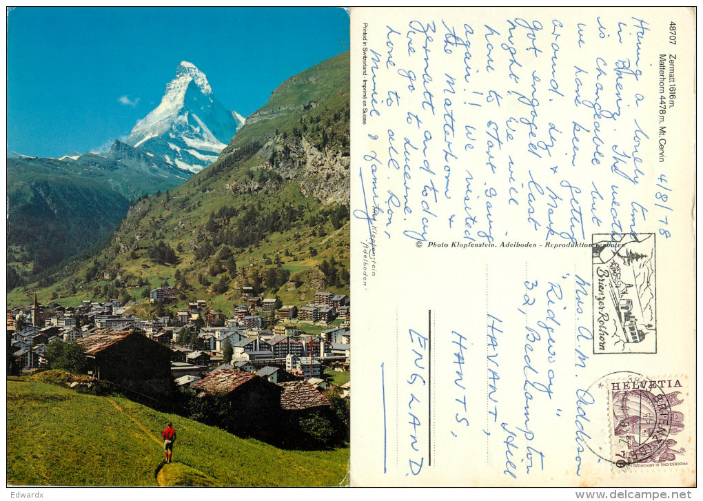 Matterhorn, Zermatt, VS Valais, Switzerland Postcard Posted 1978 Stamp - Zermatt