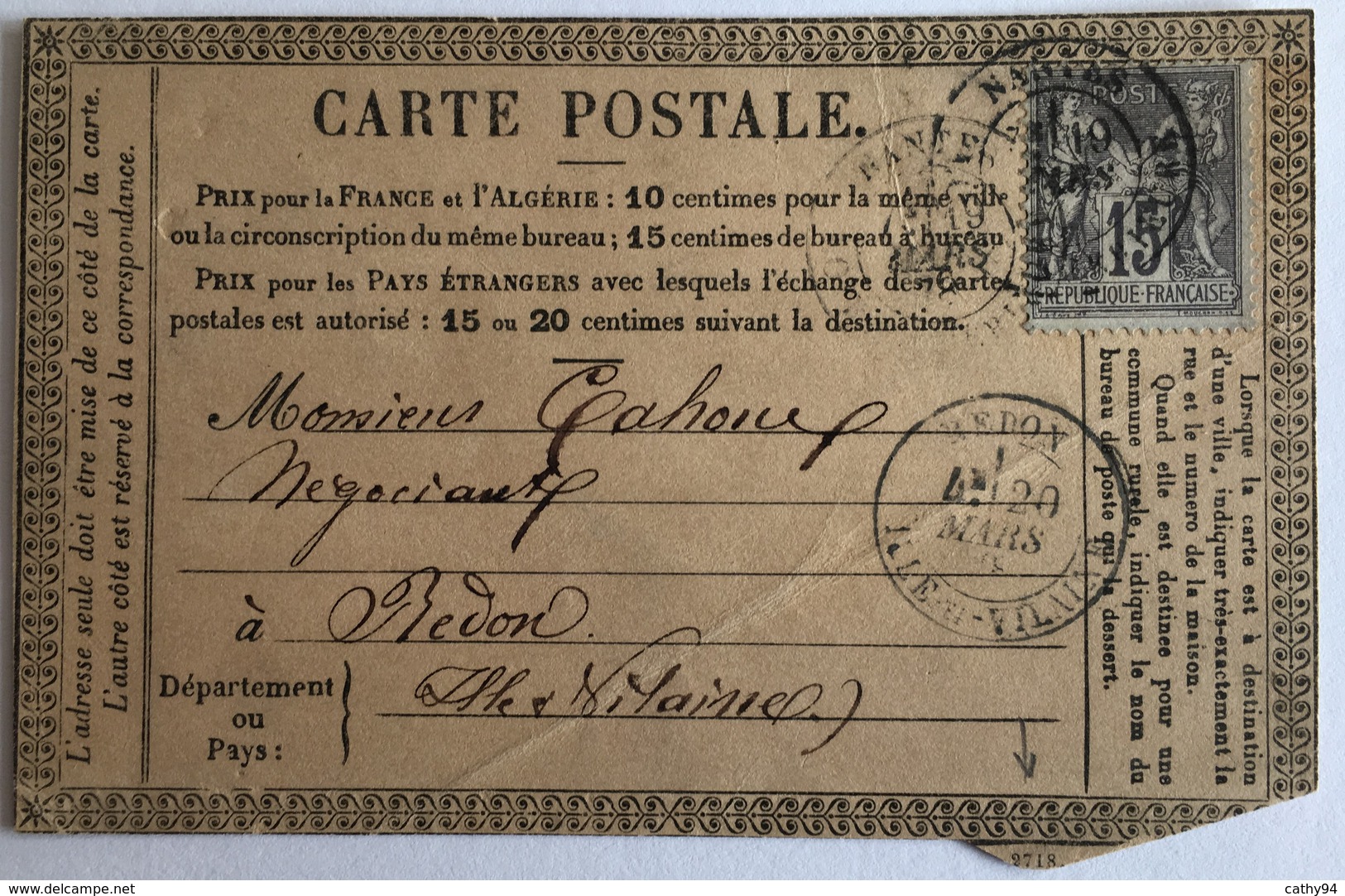 CARTE PRÉCURSEUR De NANTES Pour REDON Affranchissement Type Sage Mars 1878 - Precursor Cards