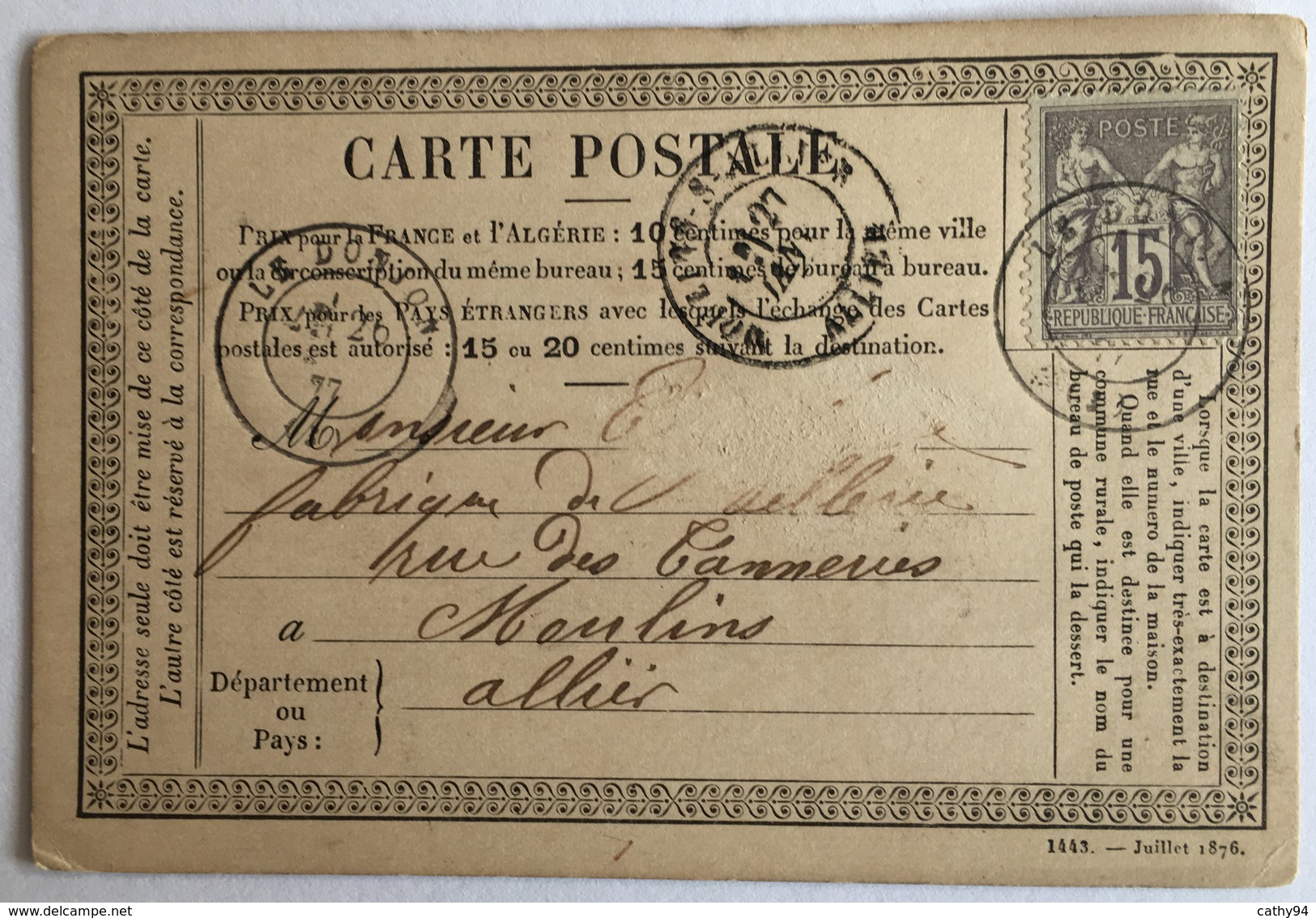 CARTE PRÉCURSEUR De LE DONJON Pour MOULINS Affranchissement Type Sage Janvier 1877 - Precursor Cards