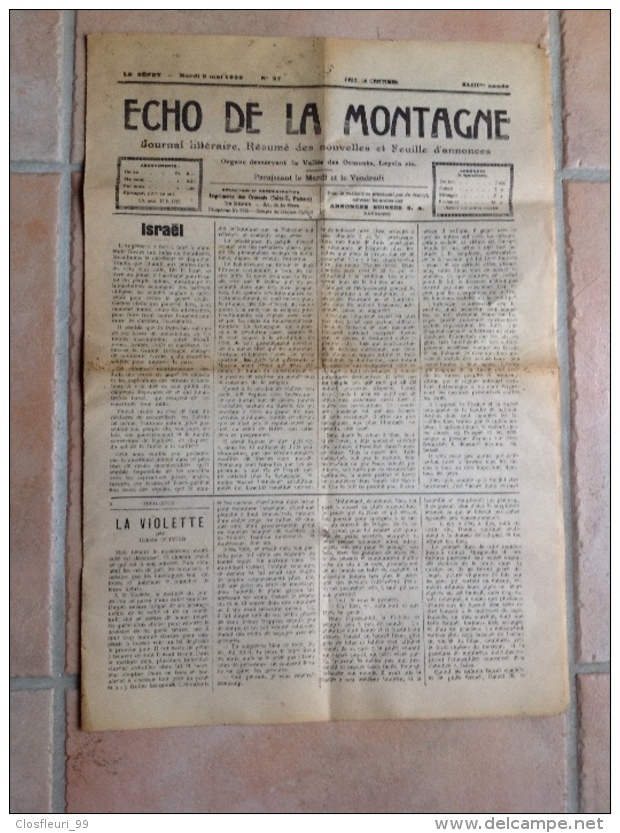 Echo De La Montagne, Le Sépey (Suisse) 9 Mai 1939, Journal Littéraire, Vallée Des Ormonts, Leysin ... - Autres & Non Classés