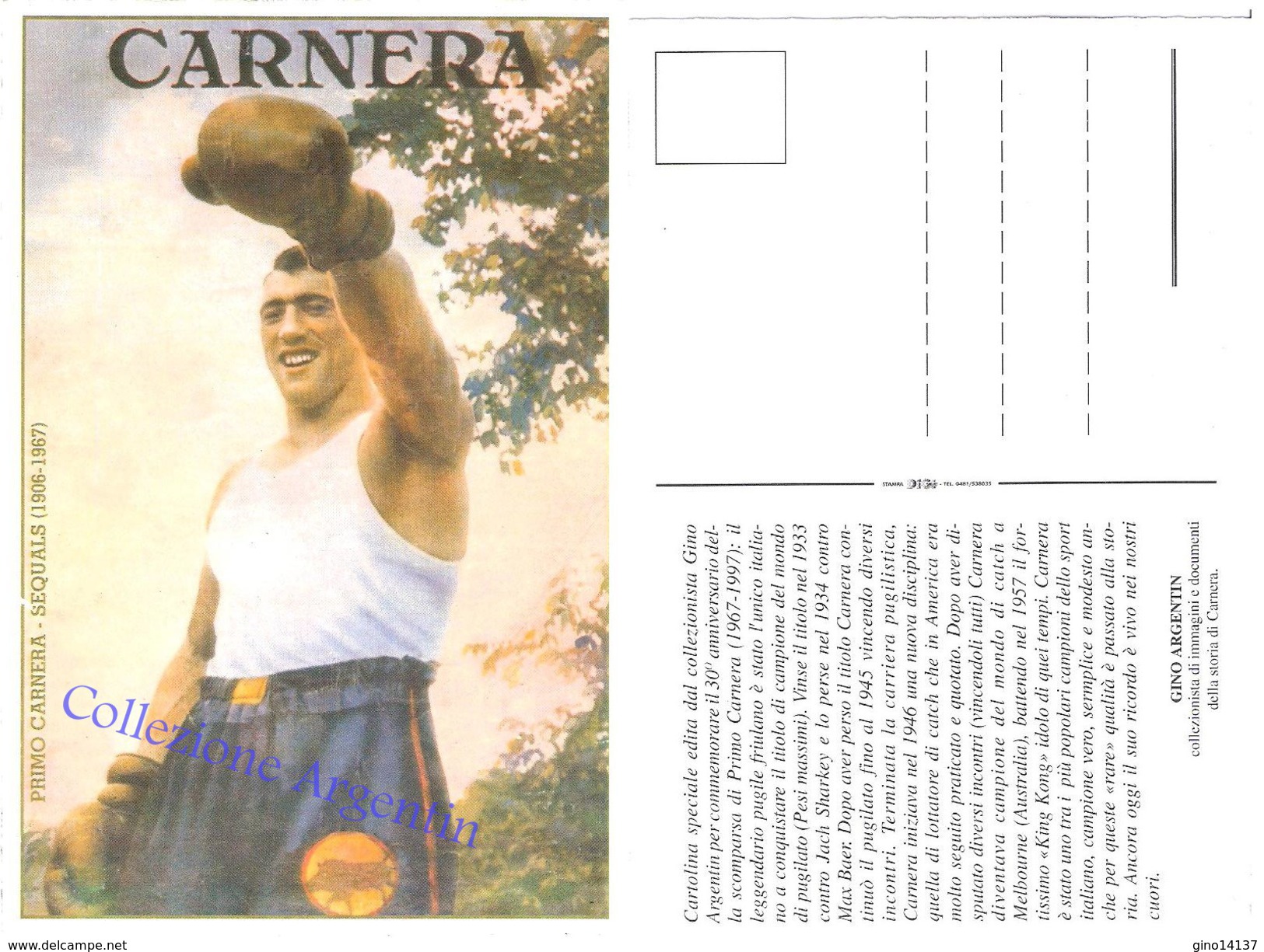 Cartolina Postale Nuova PRIMO CARNERA - IL GIGANTE DI SEQUALS - Pugilato - Sporters