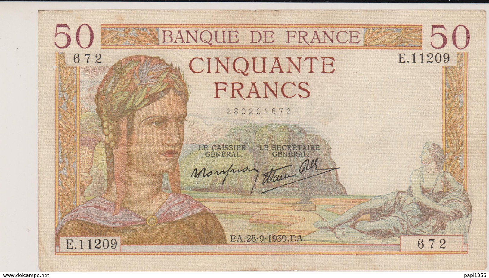 CINQUANTE  FRANCS 1939 - 50 F 1934-1940 ''Cérès''