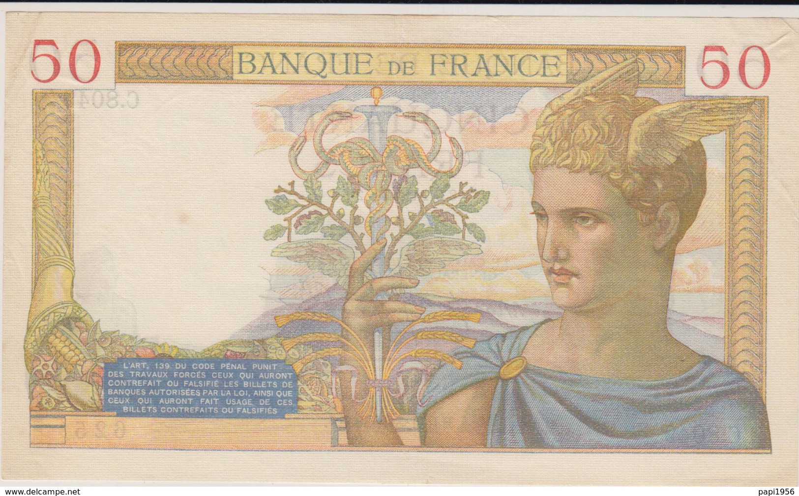 CINQUANTE  FRANCS 1939 - 50 F 1934-1940 ''Cérès''