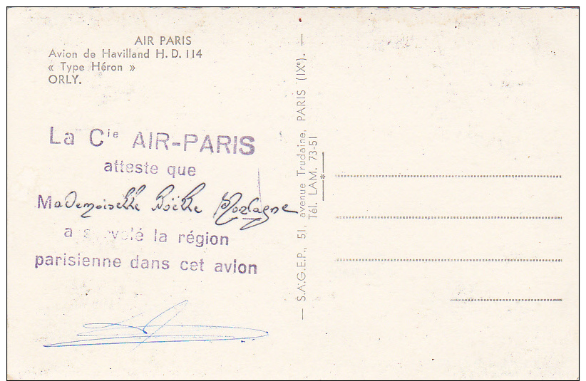 Cpsm Dentelée Avion De Havilland H D 114 Type Héron Orly - Certificat De Vol Cie Air Paris - 1946-....: Moderne