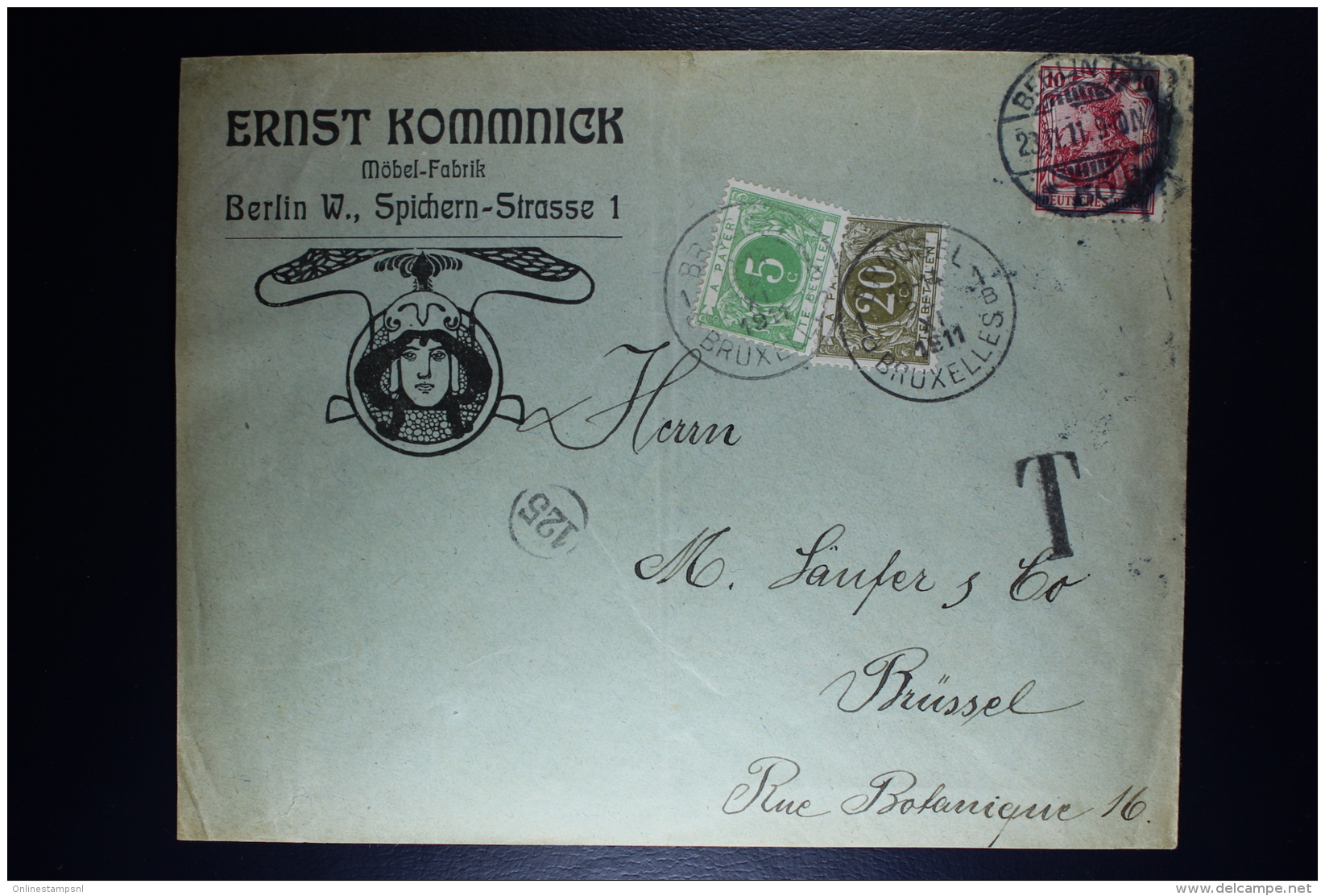 Belgium German Company Cover Berlin To Brussels To Gent, 1911 OPB TX 3 + 6 - Briefe U. Dokumente